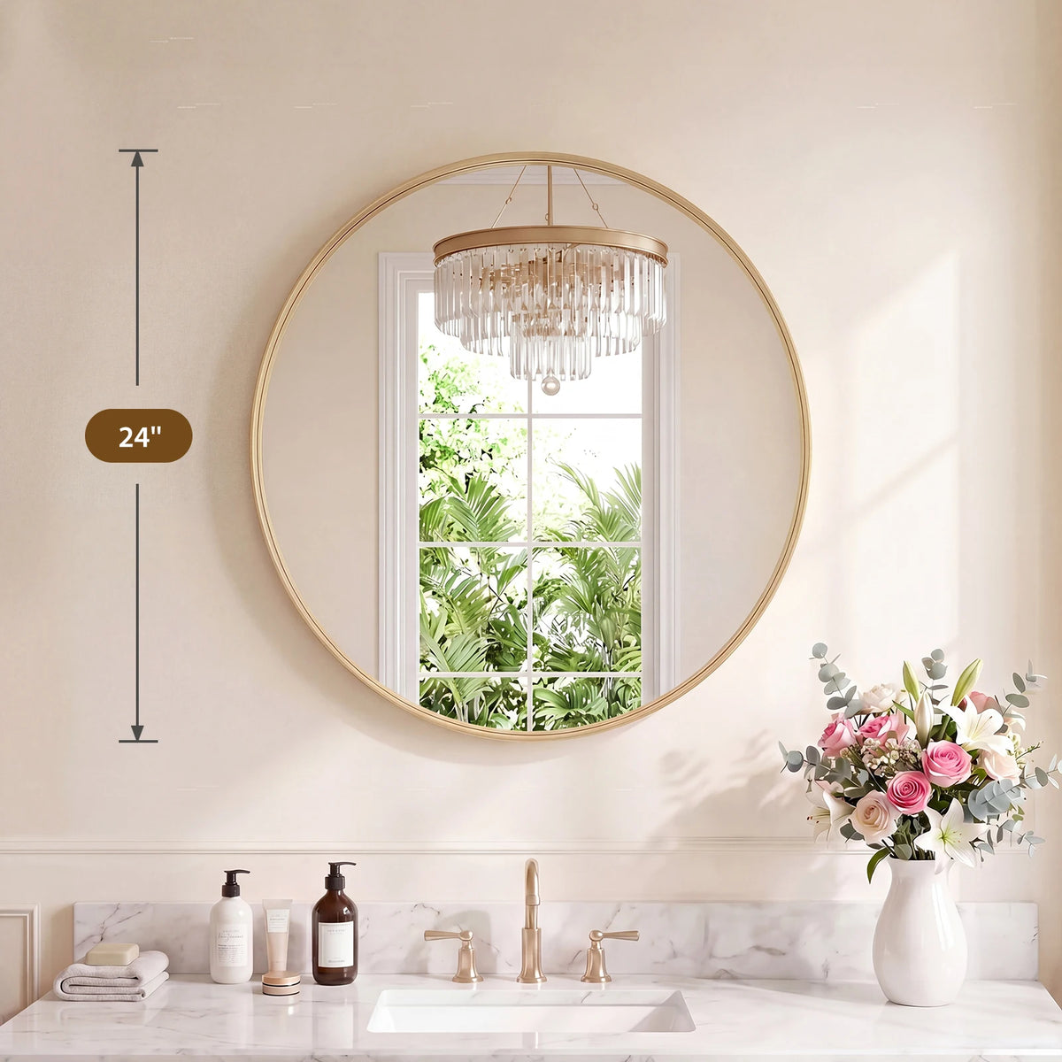 JHK Groove Gold Round Vanity Framed Mirror for Wall Bathroom Mirror for Over Sink Wall Circle Mirror with Matte Metal Frame Modern Wall Mount Vanity Mirrors for Home Decor Living Room