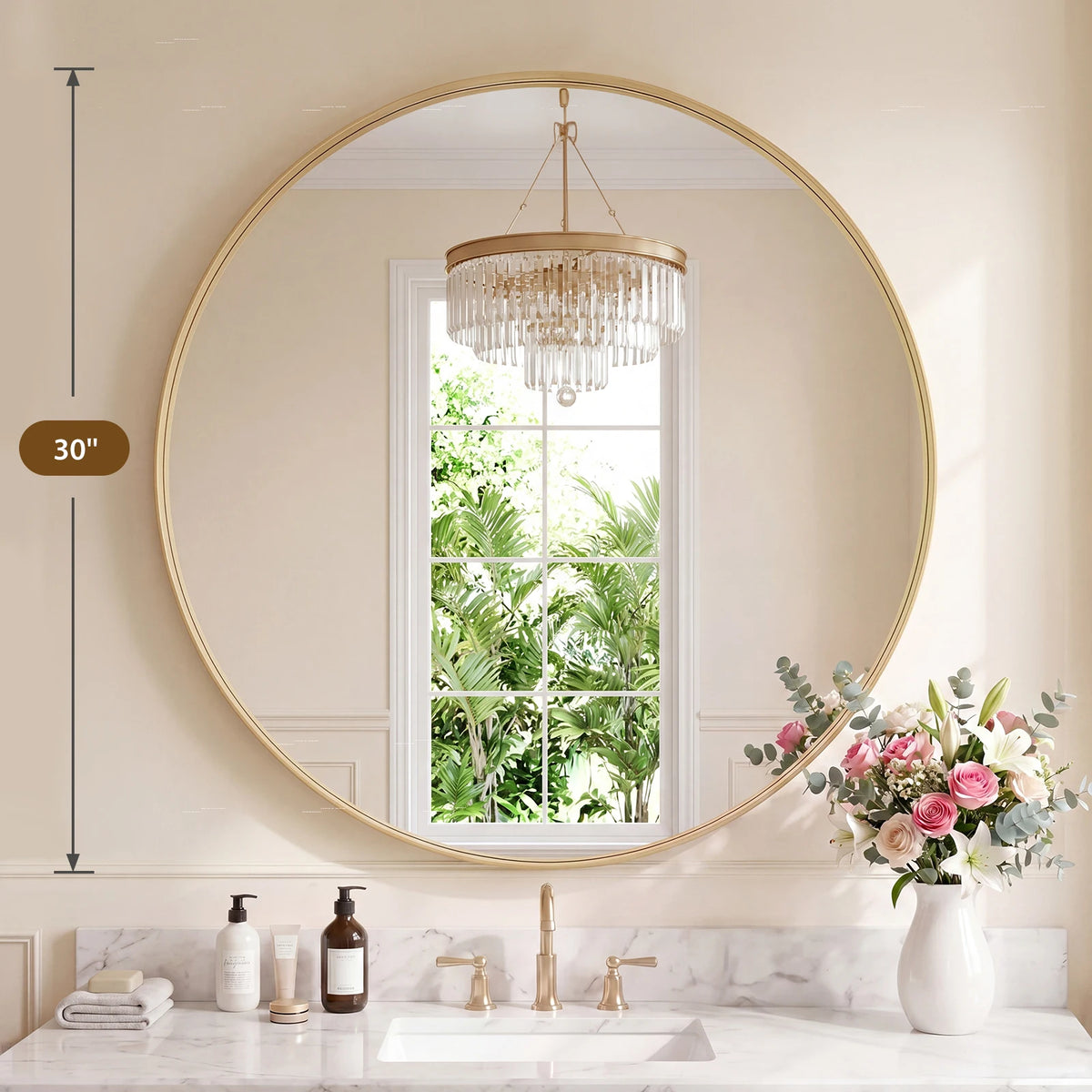 JHK Groove Gold Round Vanity Framed Mirror for Wall Bathroom Mirror for Over Sink Wall Circle Mirror with Matte Metal Frame Modern Wall Mount Vanity Mirrors for Home Decor Living Room