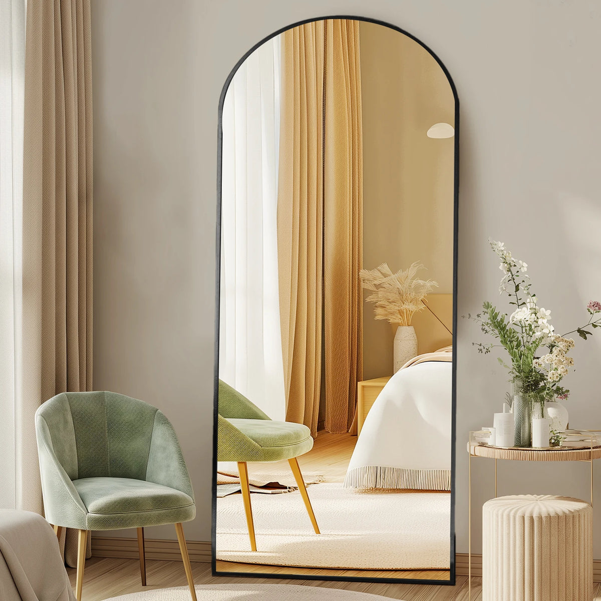 MCQ Rectangle Arched Full Length Mirror with Stand Full Body Wall Mounted Aluminum Alloy Frame Mirror Modern Wall Mount Vanity Mirror for Home ﻿