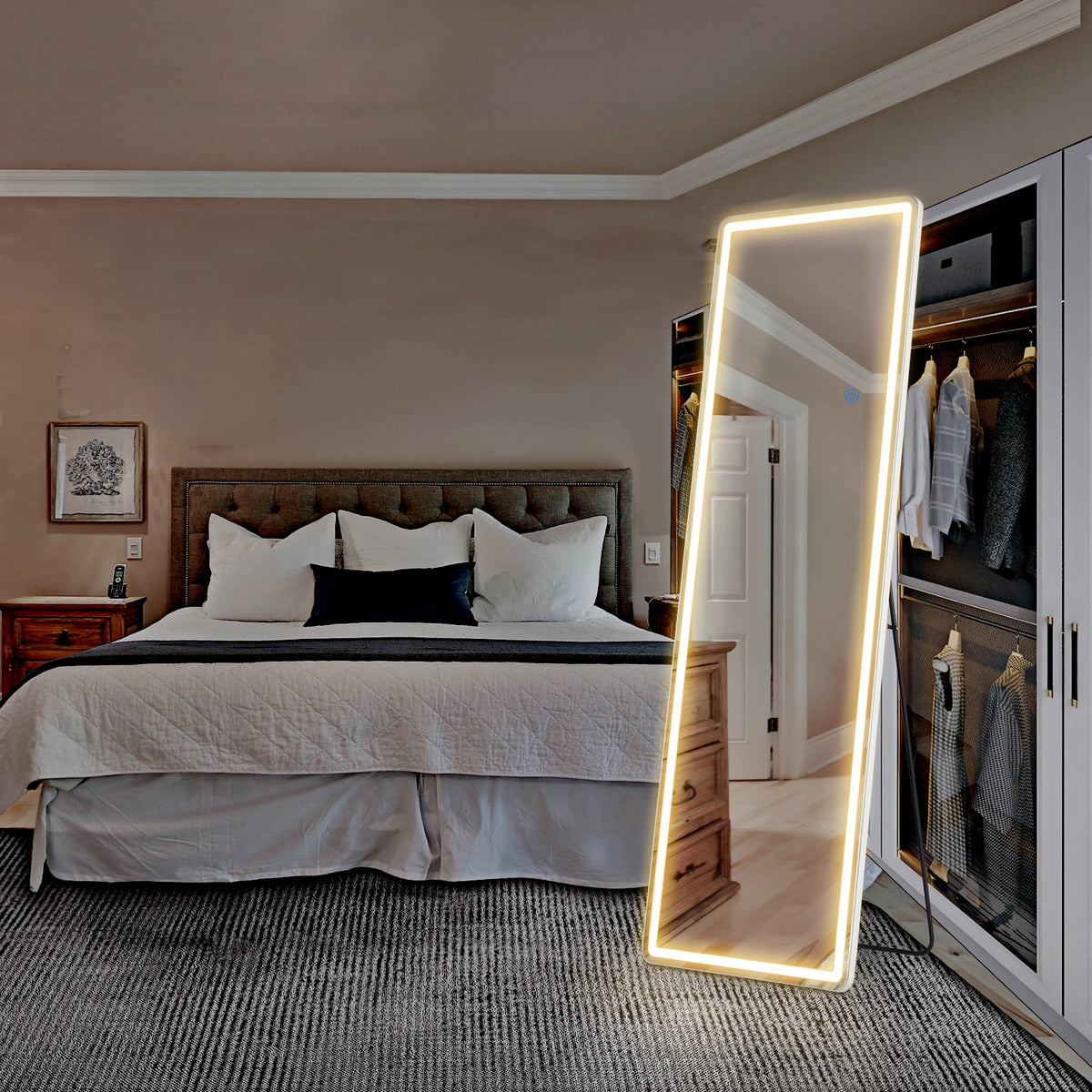 JHK Full Length Led Lights 64"x21" Mirror Standing Hanging or Wall-Mounted Mirrors with Stand Aluminum Alloy Frame For Home