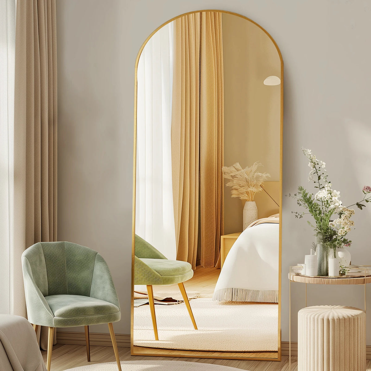 MCQ Rectangle Arched Full Length Mirror with Stand Full Body Wall Mounted Aluminum Alloy Frame Mirror Modern Wall Mount Vanity Mirror for Home ﻿