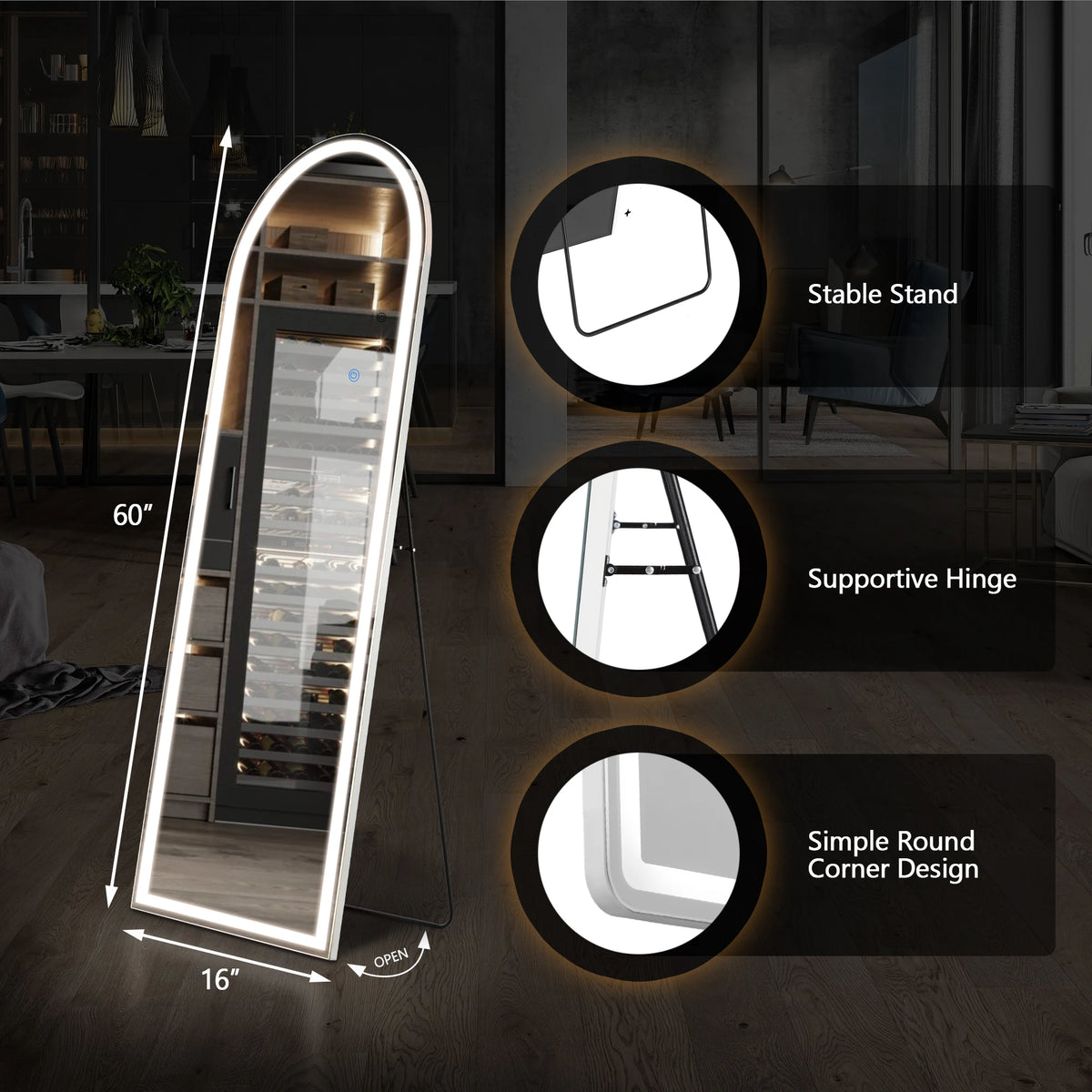 JHK Full Length 60"x16" Led Dimming Mirror 3 Color Lighting Aluminum Alloy Frame Standing Hanging Floor Mirrors For Living Room
