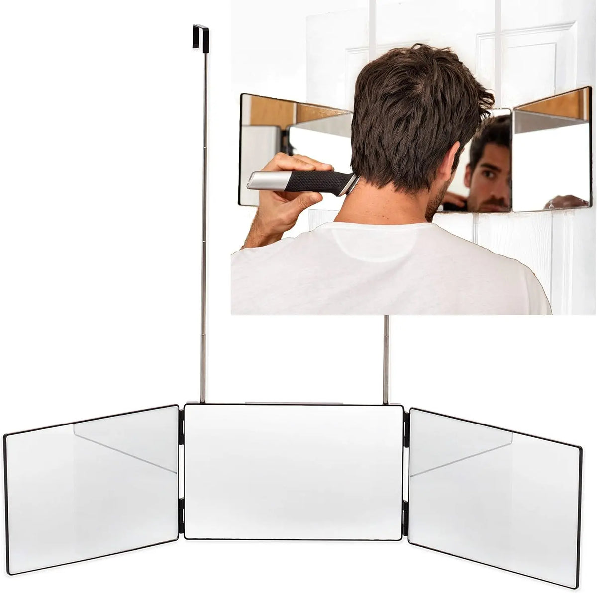 Tyrixma 3 Way Mirror for Hair Cutting,360 Trifold Mirror with Height Adjustable Telescoping Hooks,and 5X Magnification,for Makeup, Hair Styling.