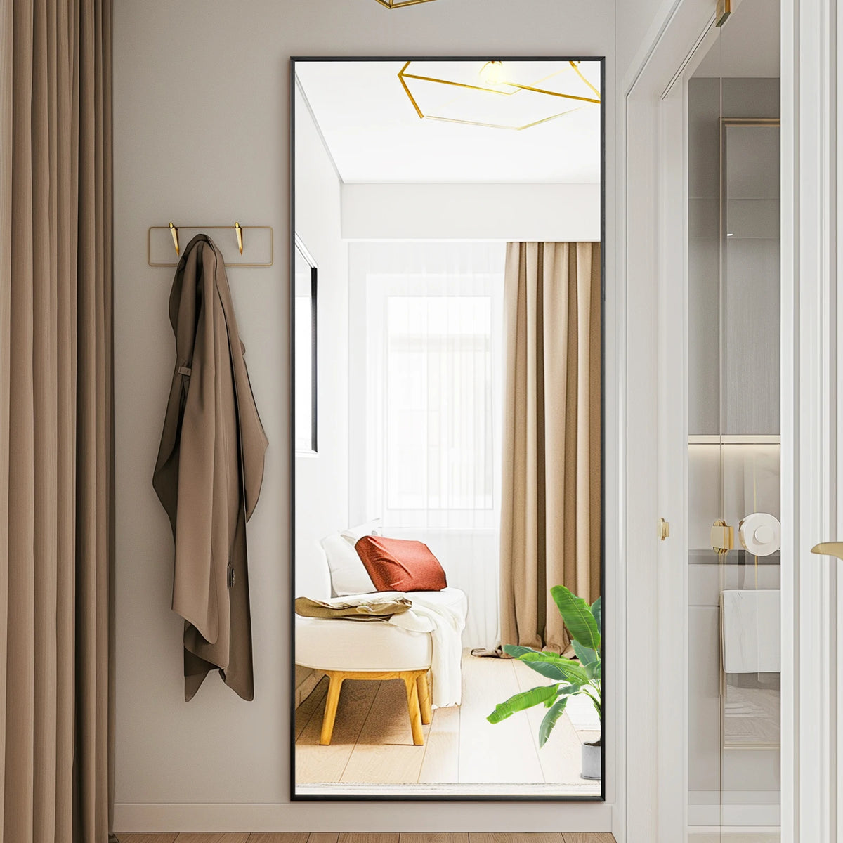 MCQ Rectangle Arched Full Length Mirror with Stand Full Body Wall Mounted Aluminum Alloy Frame Mirror Modern Wall Mount Vanity Mirror for Home ﻿