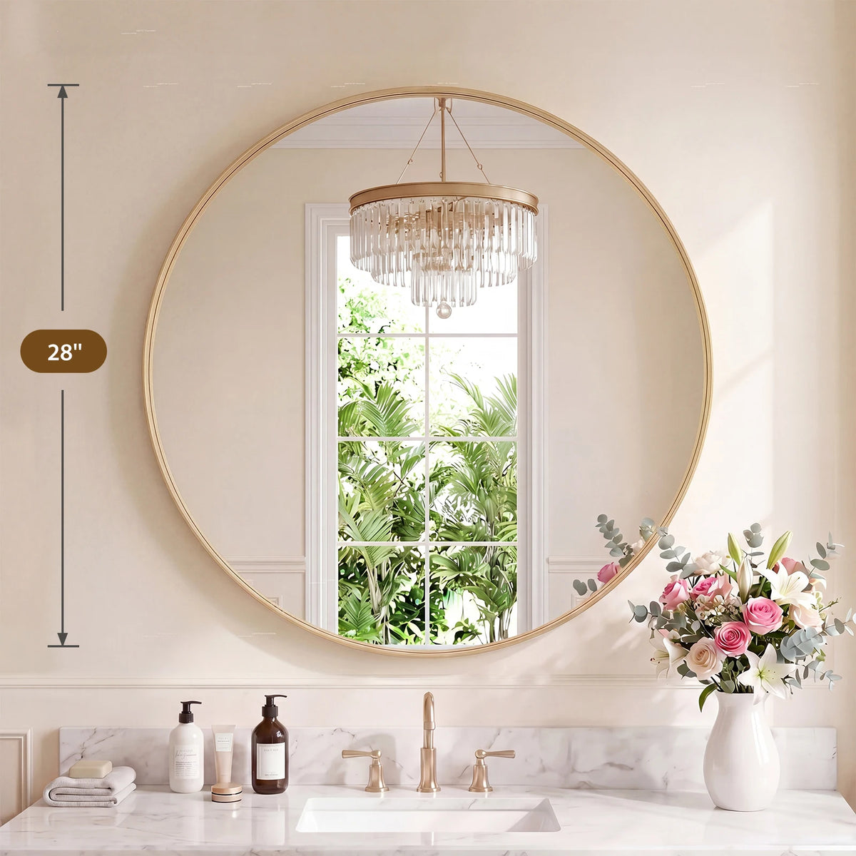 JHK Groove Gold Round Vanity Framed Mirror for Wall Bathroom Mirror for Over Sink Wall Circle Mirror with Matte Metal Frame Modern Wall Mount Vanity Mirrors for Home Decor Living Room