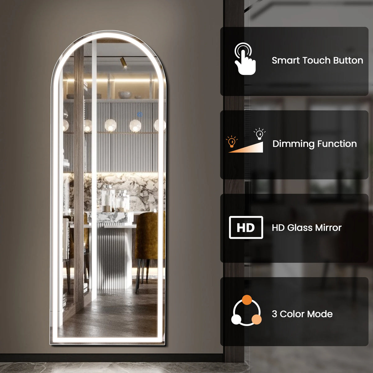 JHK Full Length 60"x16" Led Dimming Mirror 3 Color Lighting Aluminum Alloy Frame Standing Hanging Floor Mirrors For Living Room