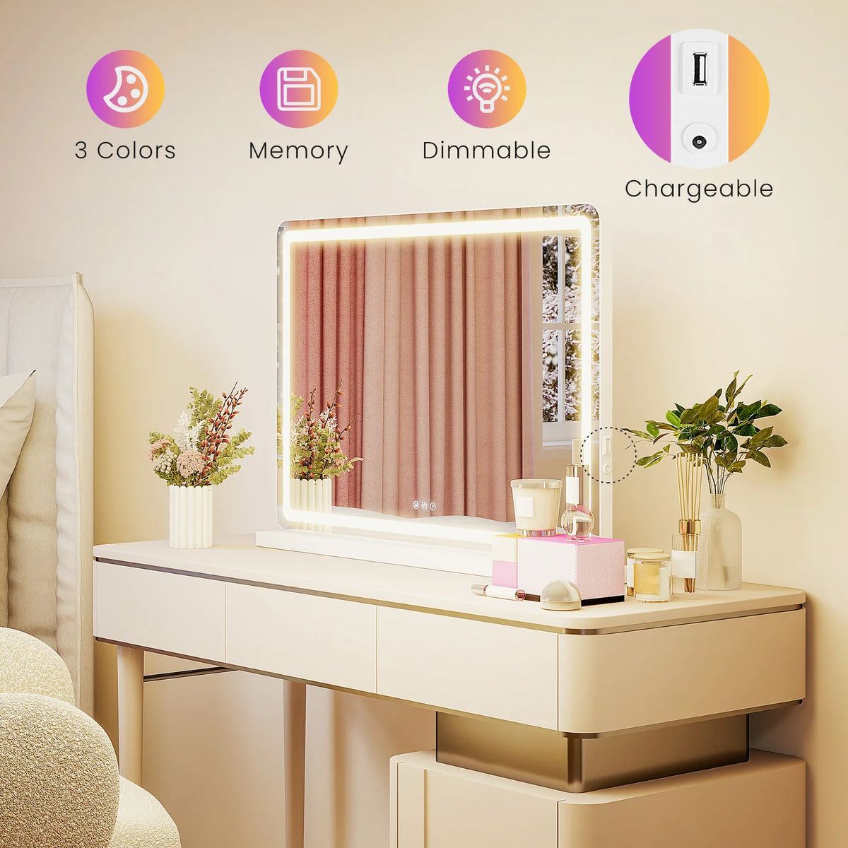 JHK LED Vanity Mirror with Lights Aluminum Frame Bathroom Mirror Dimmable 3 Color Modes Makeup Mirror Memory Function Bedroom