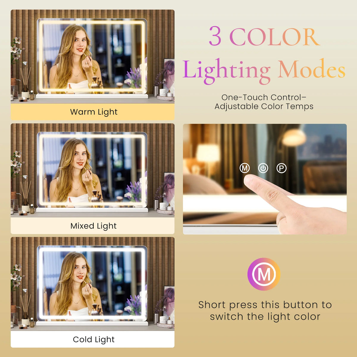 JHK LED Vanity Mirror with Lights Aluminum Frame Bathroom Mirror Dimmable 3 Color Modes Makeup Mirror Memory Function Bedroom